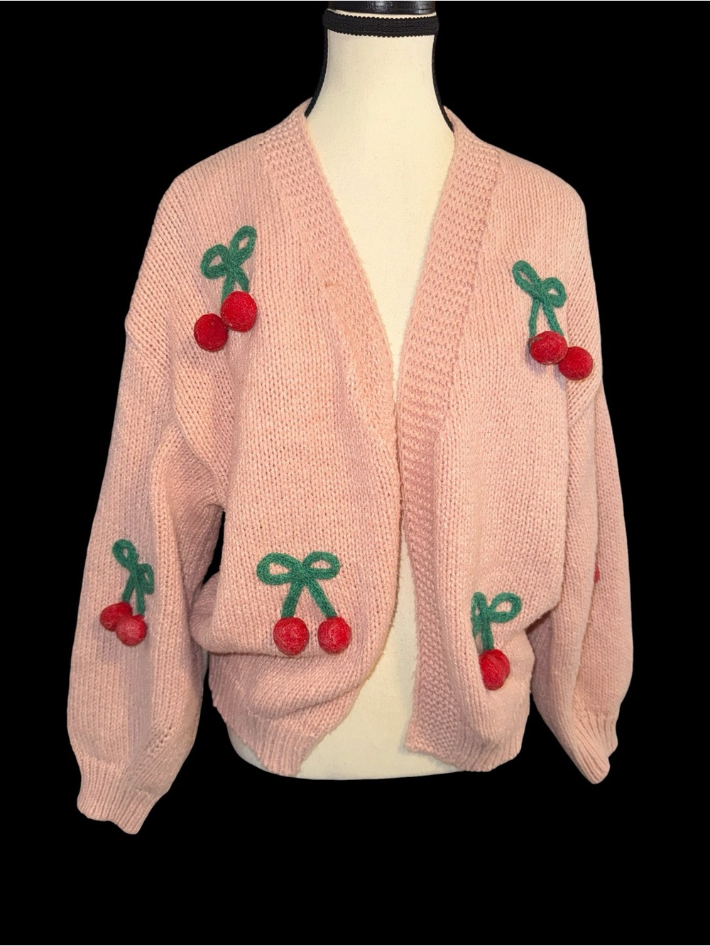 Luna Ivy Soft Pink Cherry Appliqué Open-Front Cardigan